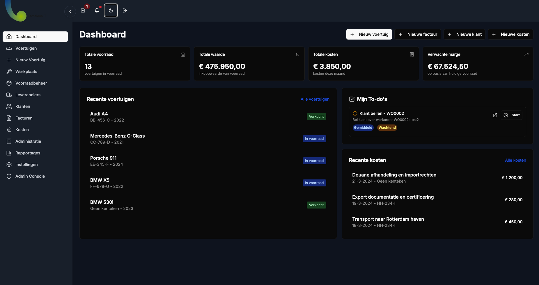 Dashboard met totale voorraad en marges (dark)